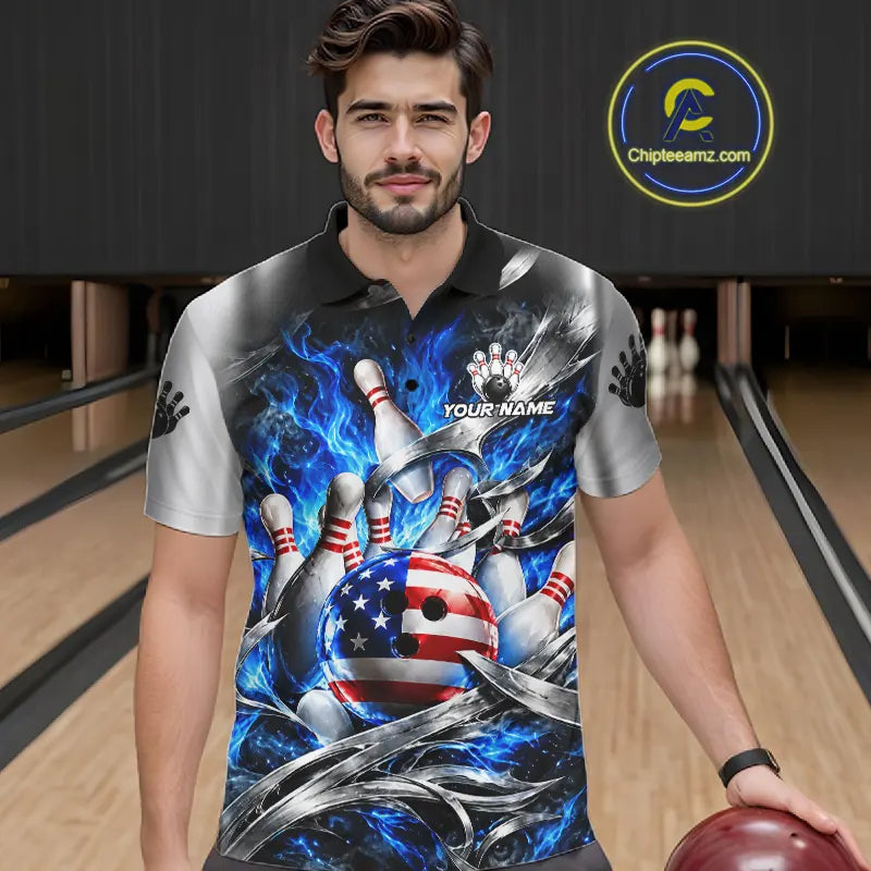 Custom Silver Blue Flame American Flag Bowling Shirts For Men, Bowling League Team Jersey TDM7719