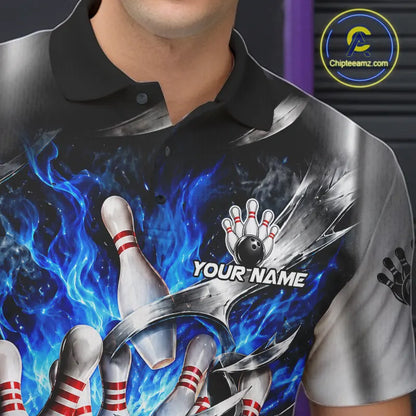 Custom Silver Blue Flame American Flag Bowling Shirts For Men, Bowling League Team Jersey TDM7719