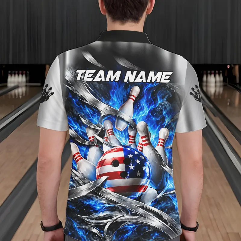 Custom Silver Blue Flame American Flag Bowling Shirts For Men, Bowling League Team Jersey TDM7719