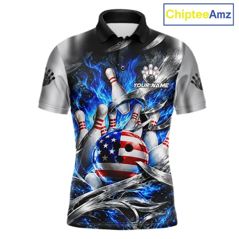 Custom Silver Blue Flame American Flag Bowling Shirts For Men, Bowling League Team Jersey TDM7719