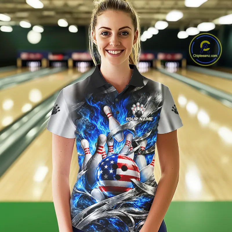 Custom Silver Blue Flame American Flag Bowling Shirts For Women, Bowling League Team Jersey TDM7719