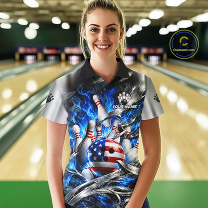 Custom Silver Blue Flame American Flag Bowling Shirts For Women, Bowling League Team Jersey TDM7719