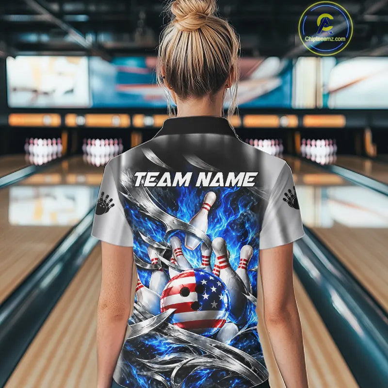 Custom Silver Blue Flame American Flag Bowling Shirts For Women, Bowling League Team Jersey TDM7719