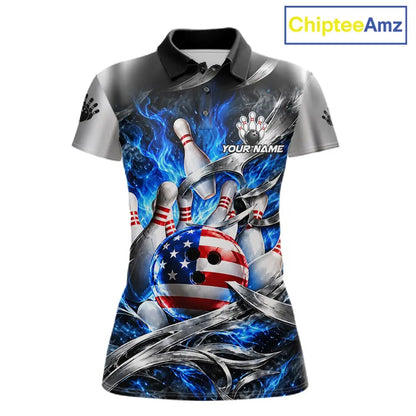 Custom Silver Blue Flame American Flag Bowling Shirts For Women, Bowling League Team Jersey TDM7719