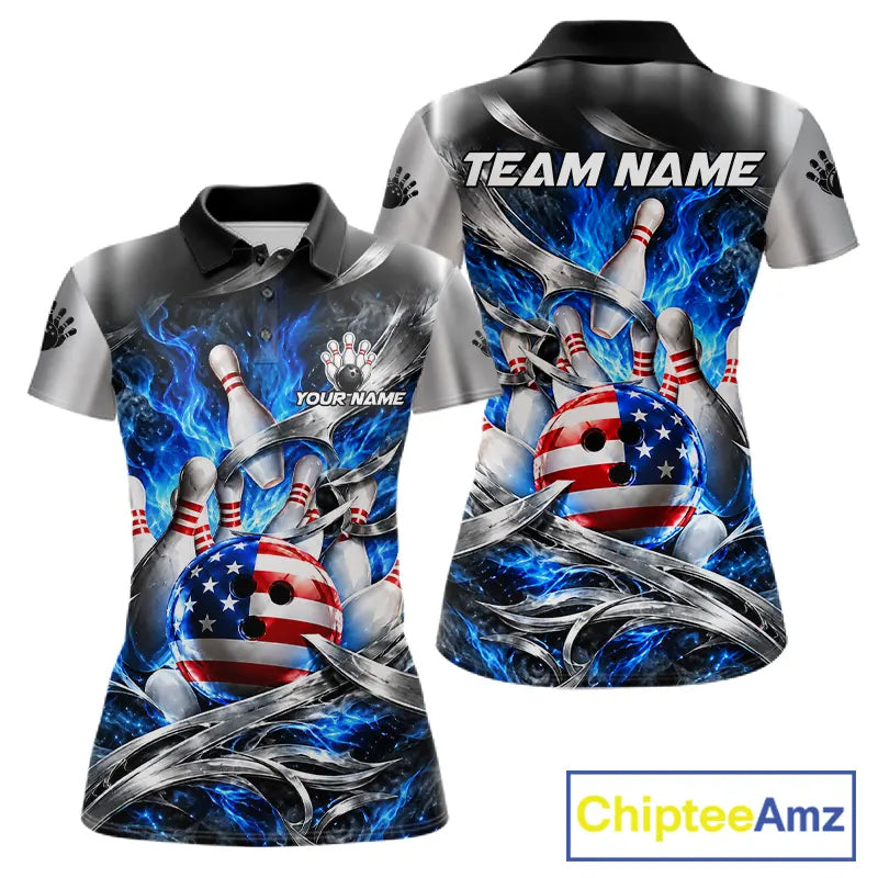 Custom Silver Blue Flame American Flag Bowling Shirts For Women, Bowling League Team Jersey TDM7719