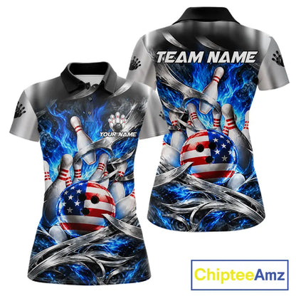 Custom Silver Blue Flame American Flag Bowling Shirts For Women, Bowling League Team Jersey TDM7719