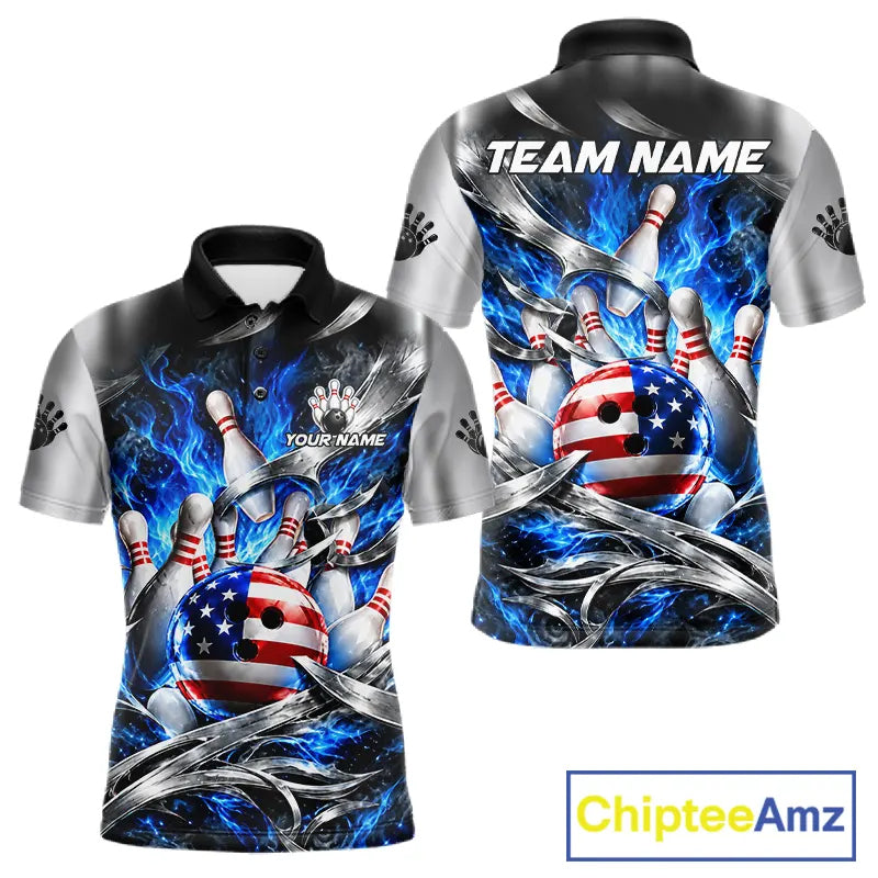 Custom Silver Blue Flame American Flag Bowling Shirts For Men, Bowling League Team Jersey TDM7719