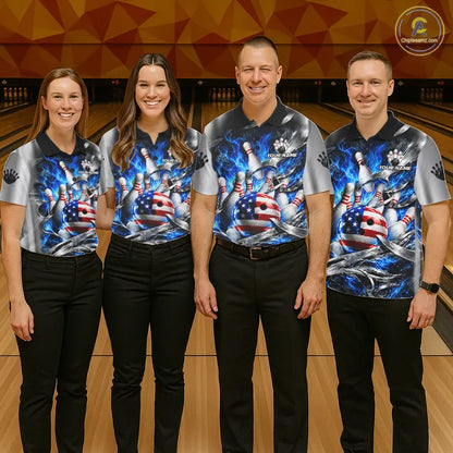 Custom Silver Blue Flame American Flag Bowling Shirts For Men, Bowling League Team Jersey TDM7719