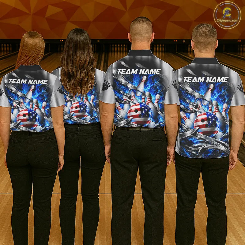 Custom Silver Blue Flame American Flag Bowling Shirts For Men, Bowling League Team Jersey TDM7719