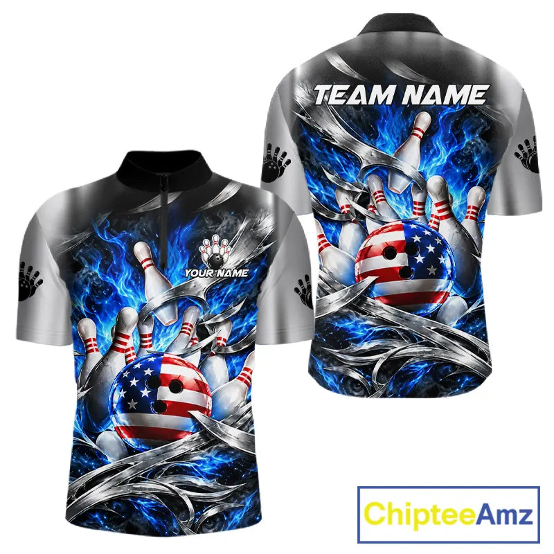 Custom Silver Blue Flame American Flag Bowling Shirts For Men, Bowling League Team Jersey TDM7719