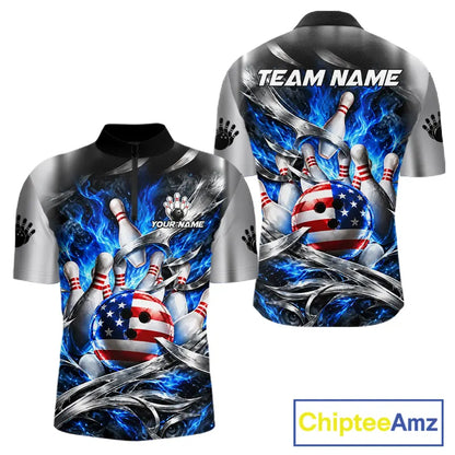 Custom Silver Blue Flame American Flag Bowling Shirts For Men, Bowling League Team Jersey TDM7719