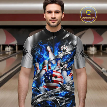 Custom Silver Blue Flame American Flag Bowling Shirts For Men, Bowling League Team Jersey TDM7719