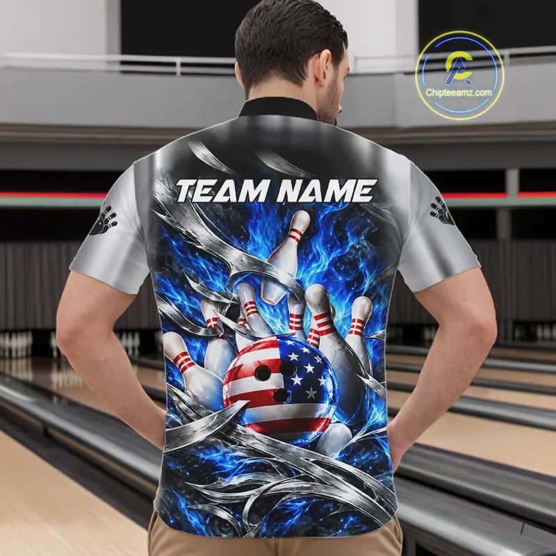 Custom Silver Blue Flame American Flag Bowling Shirts For Men, Bowling League Team Jersey TDM7719