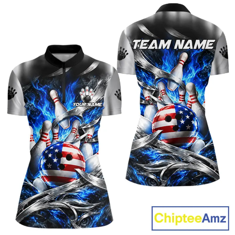 Custom Silver Blue Flame American Flag Bowling Shirts For Women, Bowling League Team Jersey TDM7719