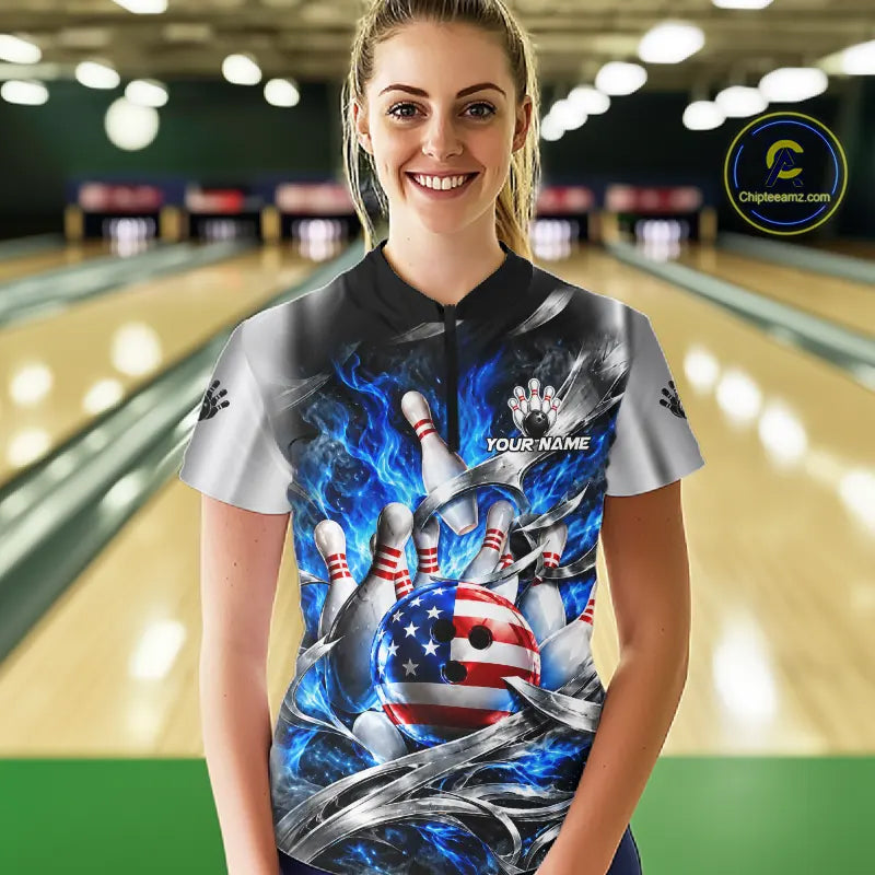 Custom Silver Blue Flame American Flag Bowling Shirts For Women, Bowling League Team Jersey TDM7719
