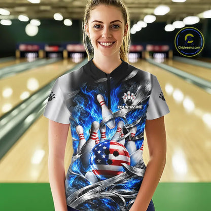 Custom Silver Blue Flame American Flag Bowling Shirts For Women, Bowling League Team Jersey TDM7719