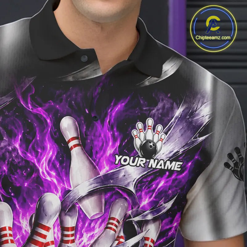 Custom Silver Purple Flame American Flag Bowling Shirts For Men, Bowling League Team Jersey TDM7720