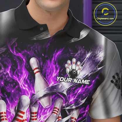 Custom Silver Purple Flame American Flag Bowling Shirts For Men, Bowling League Team Jersey TDM7720