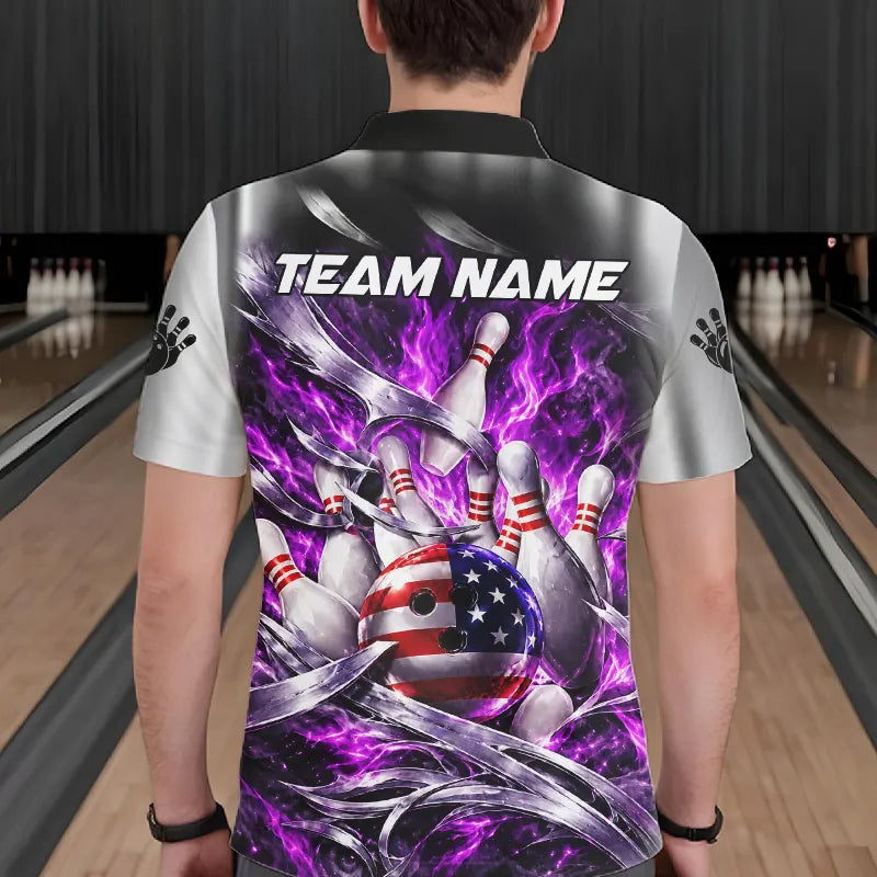 Custom Silver Purple Flame American Flag Bowling Shirts For Men, Bowling League Team Jersey TDM7720