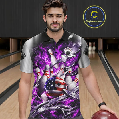 Custom Silver Purple Flame American Flag Bowling Shirts For Men, Bowling League Team Jersey TDM7720