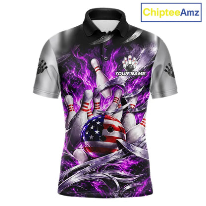 Custom Silver Purple Flame American Flag Bowling Shirts For Men, Bowling League Team Jersey TDM7720