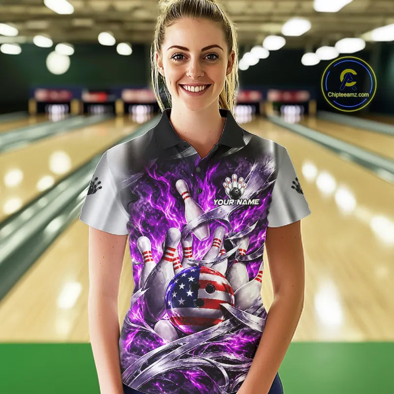 Custom Silver Purple Flame American Flag Bowling Shirts For Women, Bowling League Team Jersey TDM7720