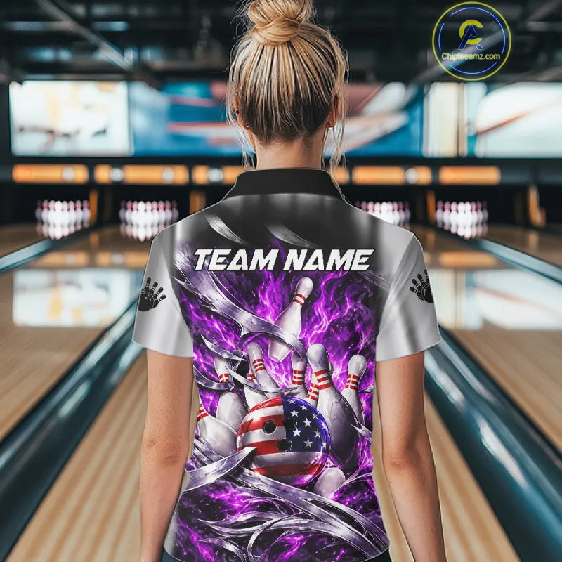 Custom Silver Purple Flame American Flag Bowling Shirts For Women, Bowling League Team Jersey TDM7720