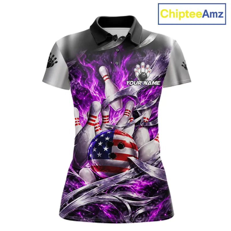 Custom Silver Purple Flame American Flag Bowling Shirts For Women, Bowling League Team Jersey TDM7720