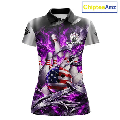 Custom Silver Purple Flame American Flag Bowling Shirts For Women, Bowling League Team Jersey TDM7720