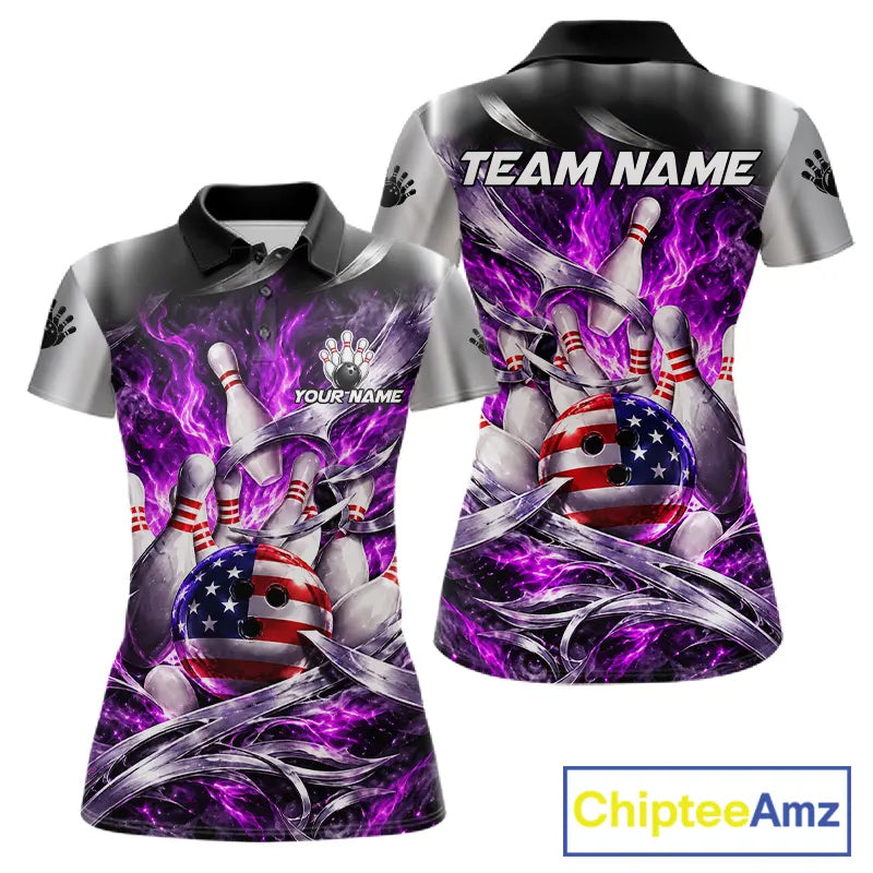 Custom Silver Purple Flame American Flag Bowling Shirts For Women, Bowling League Team Jersey TDM7720