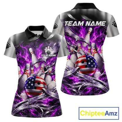 Custom Silver Purple Flame American Flag Bowling Shirts For Women, Bowling League Team Jersey TDM7720