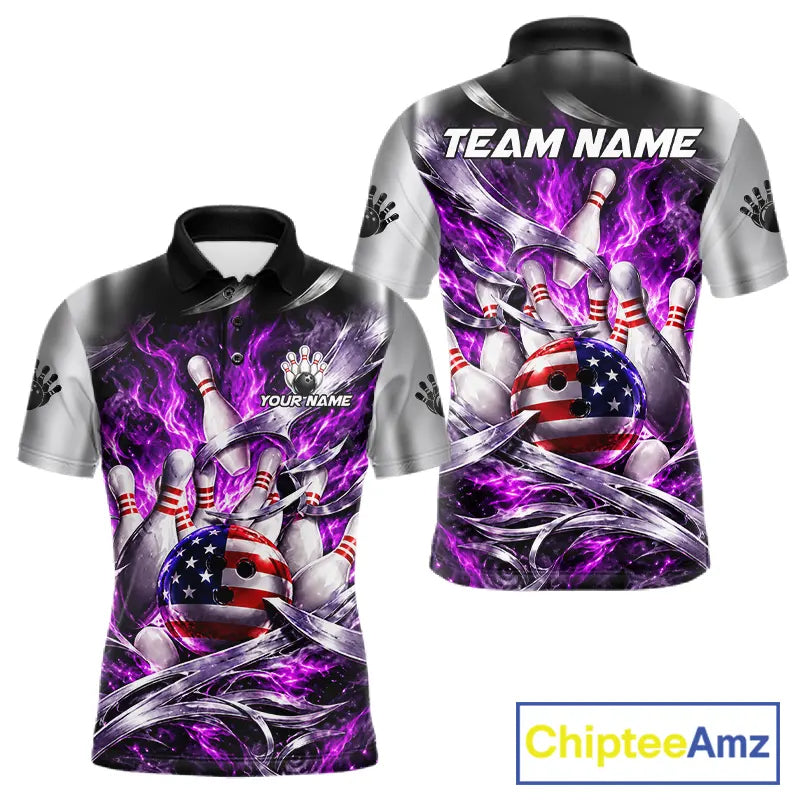 Custom Silver Purple Flame American Flag Bowling Shirts For Men, Bowling League Team Jersey TDM7720