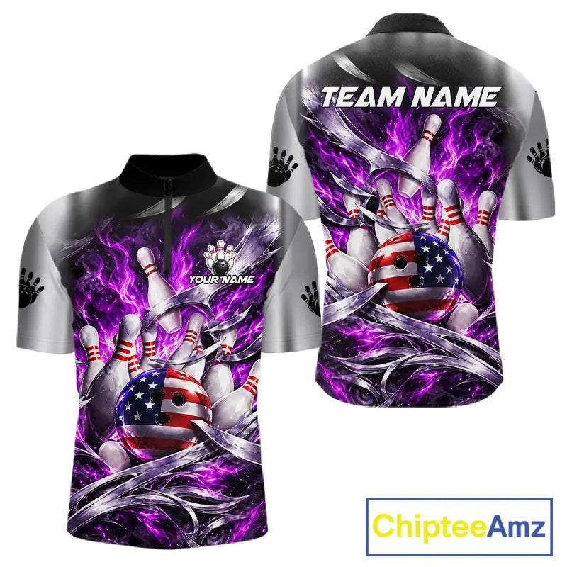 Custom Silver Purple Flame American Flag Bowling Shirts For Men, Bowling League Team Jersey TDM7720