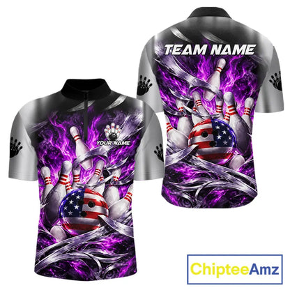 Custom Silver Purple Flame American Flag Bowling Shirts For Men, Bowling League Team Jersey TDM7720