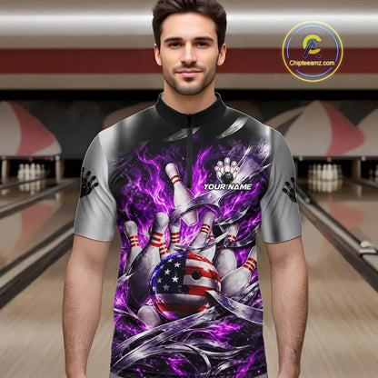 Custom Silver Purple Flame American Flag Bowling Shirts For Men, Bowling League Team Jersey TDM7720