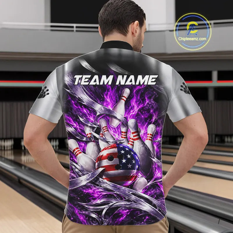 Custom Silver Purple Flame American Flag Bowling Shirts For Men, Bowling League Team Jersey TDM7720