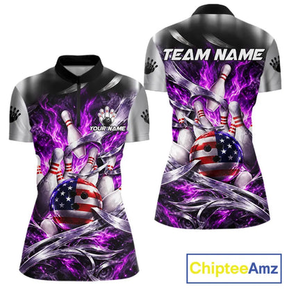 Custom Silver Purple Flame American Flag Bowling Shirts For Women, Bowling League Team Jersey TDM7720