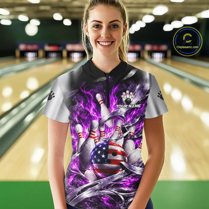 Custom Silver Purple Flame American Flag Bowling Shirts For Women, Bowling League Team Jersey TDM7720