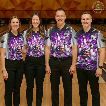 Custom Silver Purple Flame American Flag Bowling Shirts For Men, Bowling League Team Jersey TDM7720