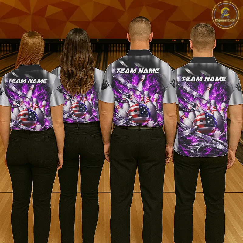 Custom Silver Purple Flame American Flag Bowling Shirts For Men, Bowling League Team Jersey TDM7720