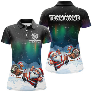 Funny Santa And Turkey Playing Darts Custom Dart Shirts For Women, Unique Christmas Dart Jerseys TDM2870