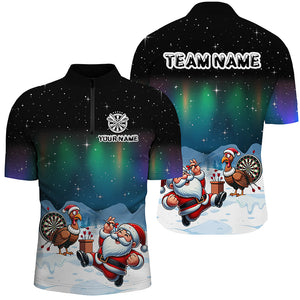 Funny Santa And Turkey Playing Darts Custom Dart Shirts For Men, Unique Christmas Dart Jerseys TDM2870