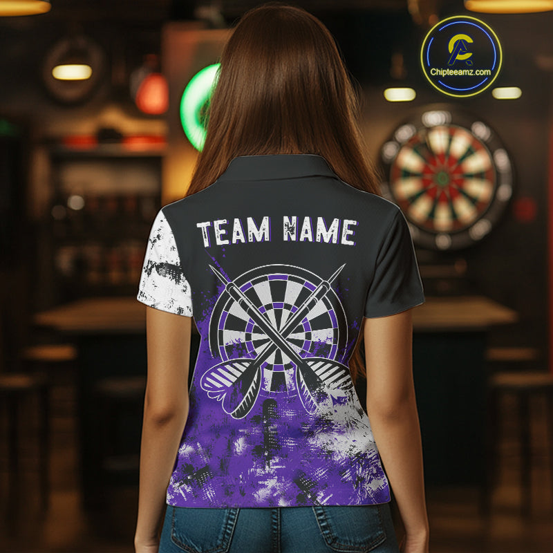 Personalized Purple Grunge Womens Dart Shirts Custom Dart Jerseys Team Polo & 1/4 Zip, Darts Uniform TDM5120