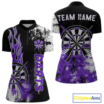 Personalized Purple Grunge Womens Dart Shirts Custom Dart Jerseys Team Polo & 1/4 Zip, Darts Uniform TDM5120