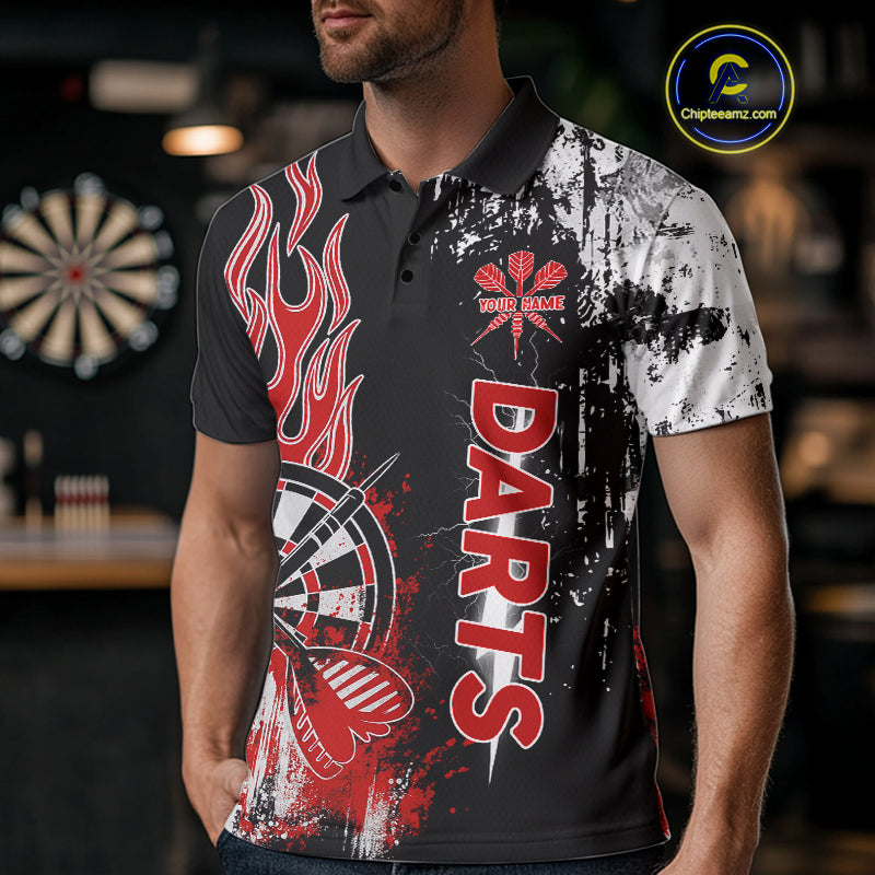 Personalized Red Grunge Mens Dart Shirts Custom Dart Jerseys Team Polo & 1/4 Zip, Darts Uniform TDM5121