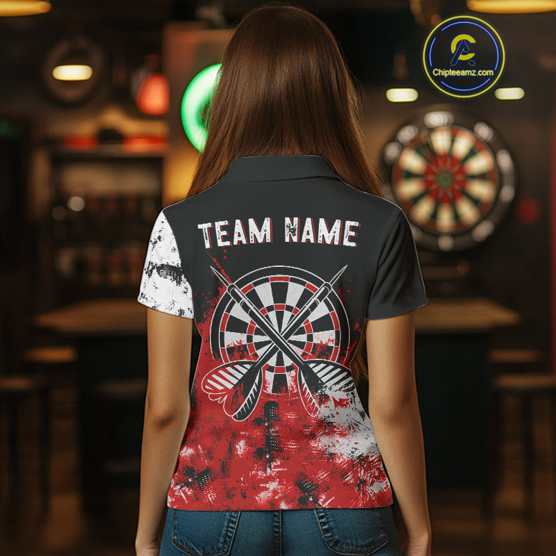Personalized Red Grunge Womens Dart Shirts Custom Dart Jerseys Team Polo & 1/4 Zip, Darts Uniform TDM5121