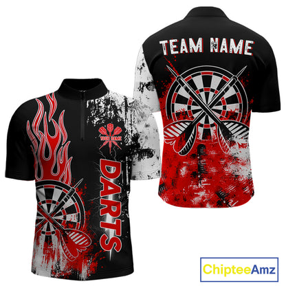 Personalized Red Grunge Mens Dart Shirts Custom Dart Jerseys Team Polo & 1/4 Zip, Darts Uniform TDM5121