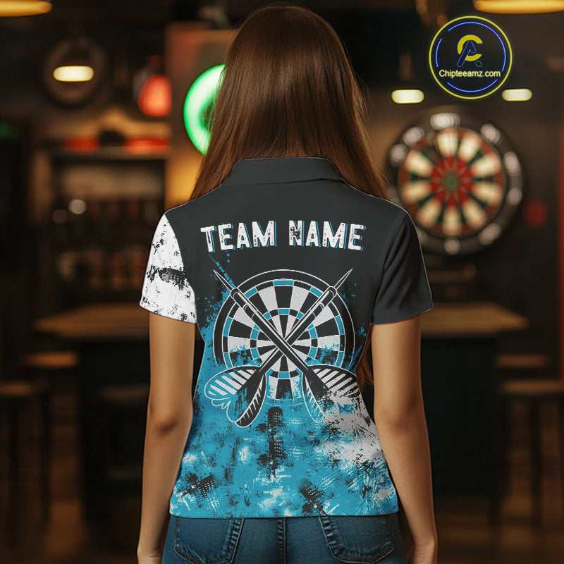 Personalized Blue Grunge Womens Dart Shirts Custom Dart Jerseys Team Polo & 1/4 Zip, Darts Uniform TDM5122