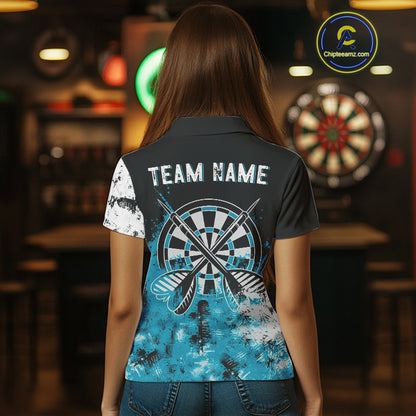 Personalized Blue Grunge Womens Dart Shirts Custom Dart Jerseys Team Polo & 1/4 Zip, Darts Uniform TDM5122