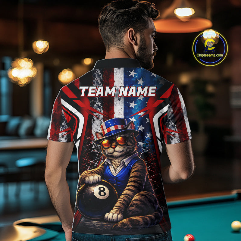 Funny Cat 8 Ball Billiard Shirt For Men Custom Vintage US Flag Pool Team Jersey Polo & 1/4 Zip TDM5983